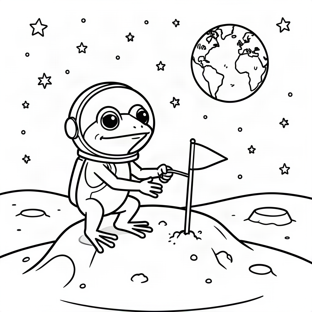 Broască astronaut plantând un steag