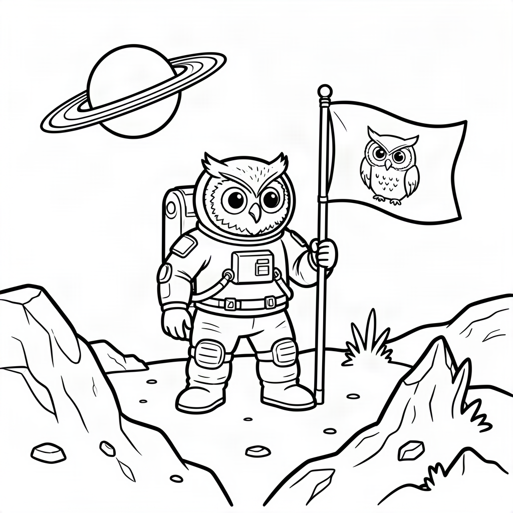 Bufniță astronaut plantând un steag