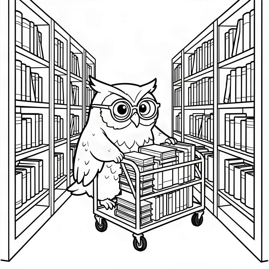 Bufniță bibliotecar cu cărucior de cărți