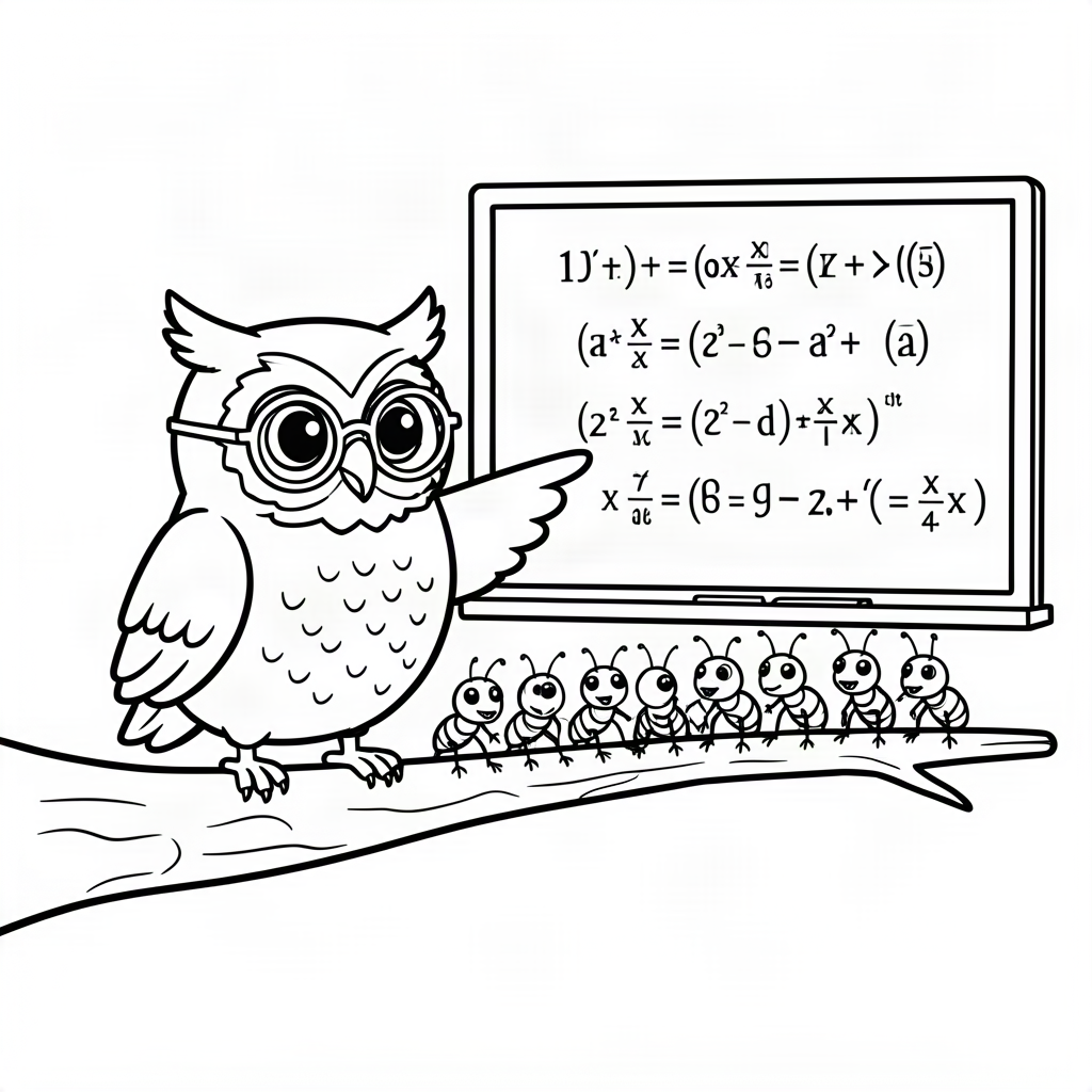 Bufniță profesor predând matematică furnicilor