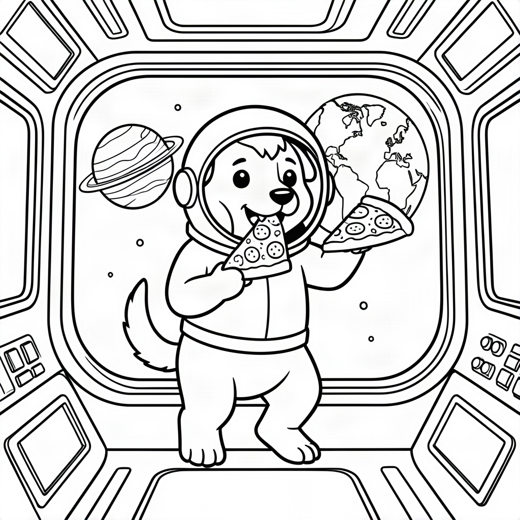 Câine astronaut mâncând pizza