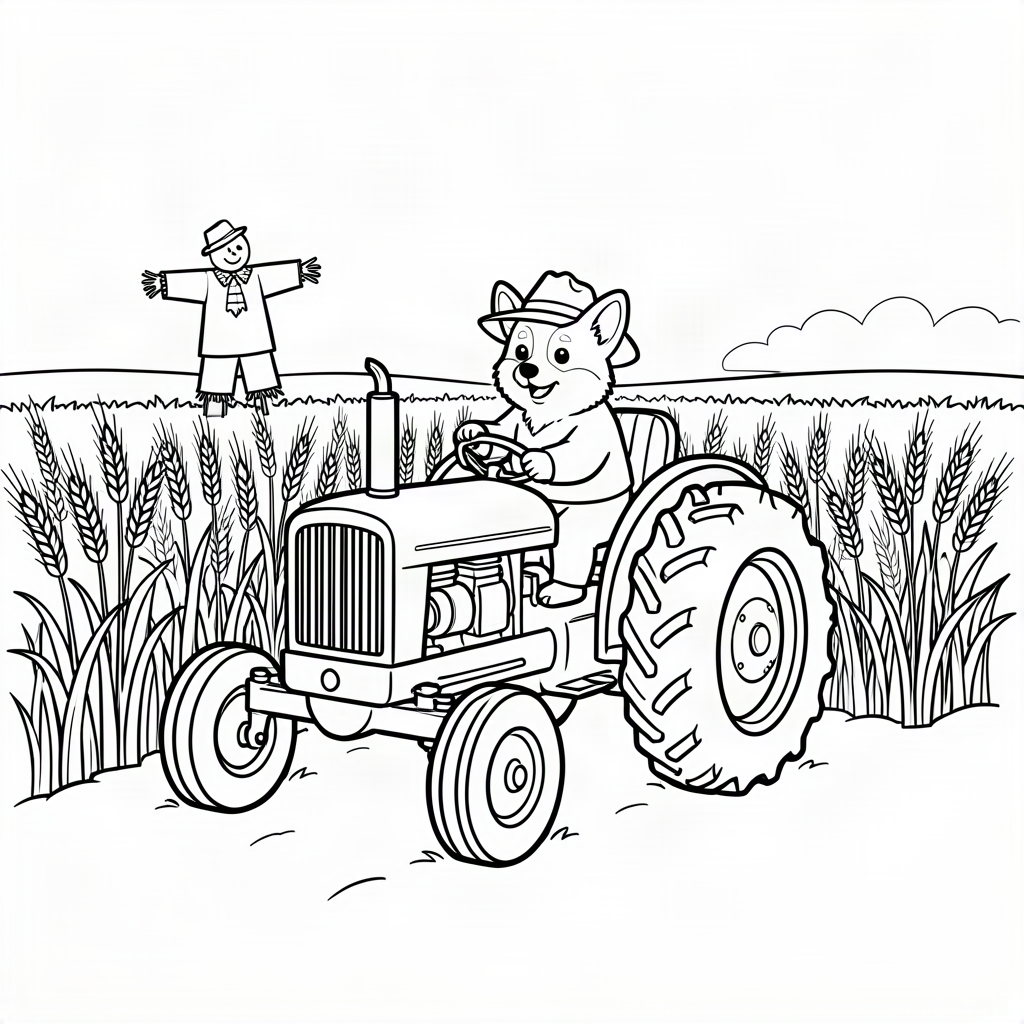 Câine corgi la volanul unui tractor