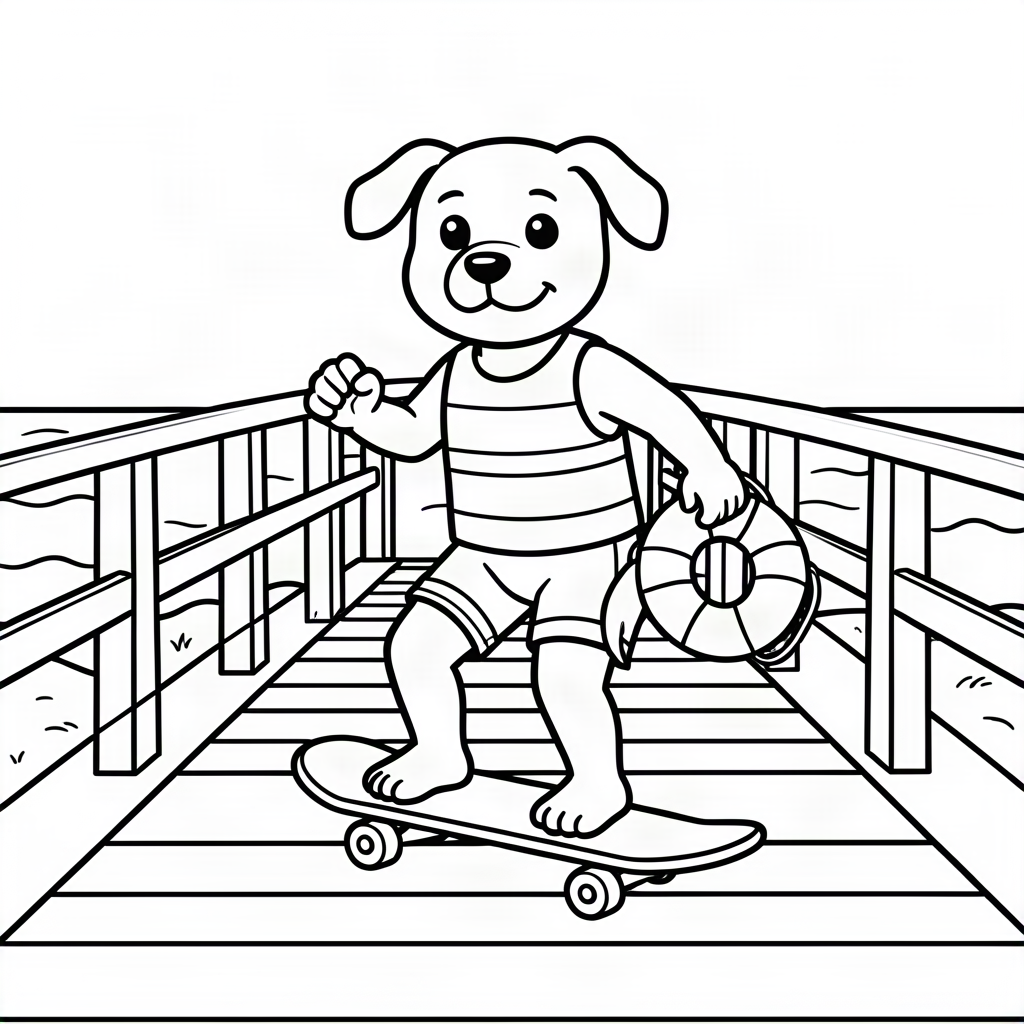 Câine salvamar patrulând pe skateboard