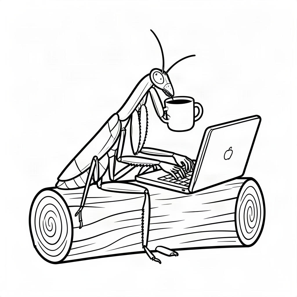 Călugăriță bând cafea la laptop