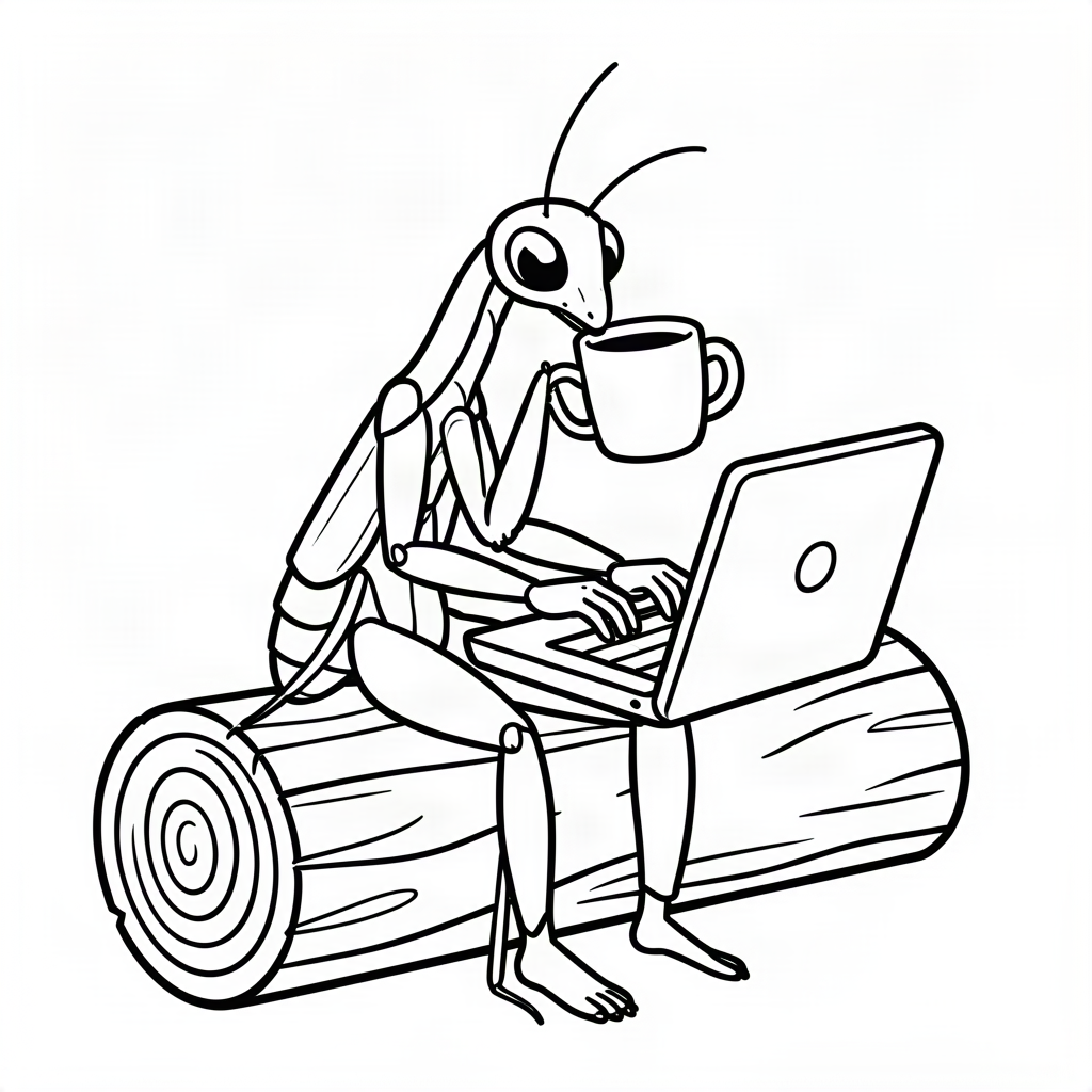 Călugăriță bând cafea la laptop