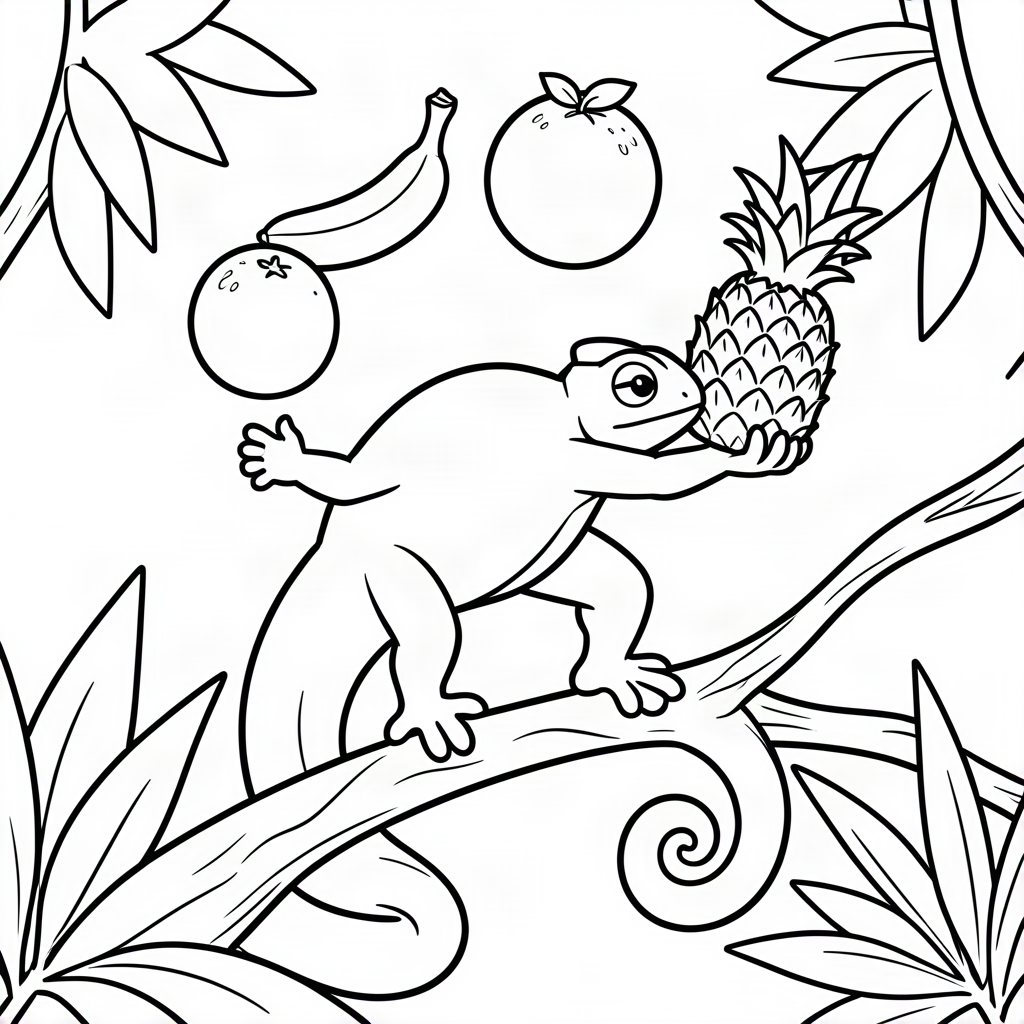 Cameleon jonglând cu fructe tropicale
