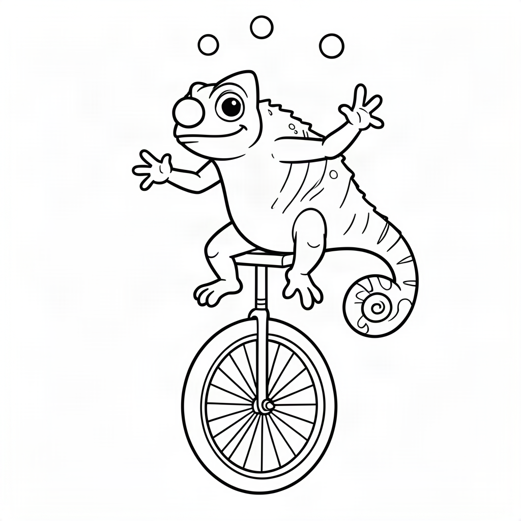 Cameleon jonglând pe monociclu