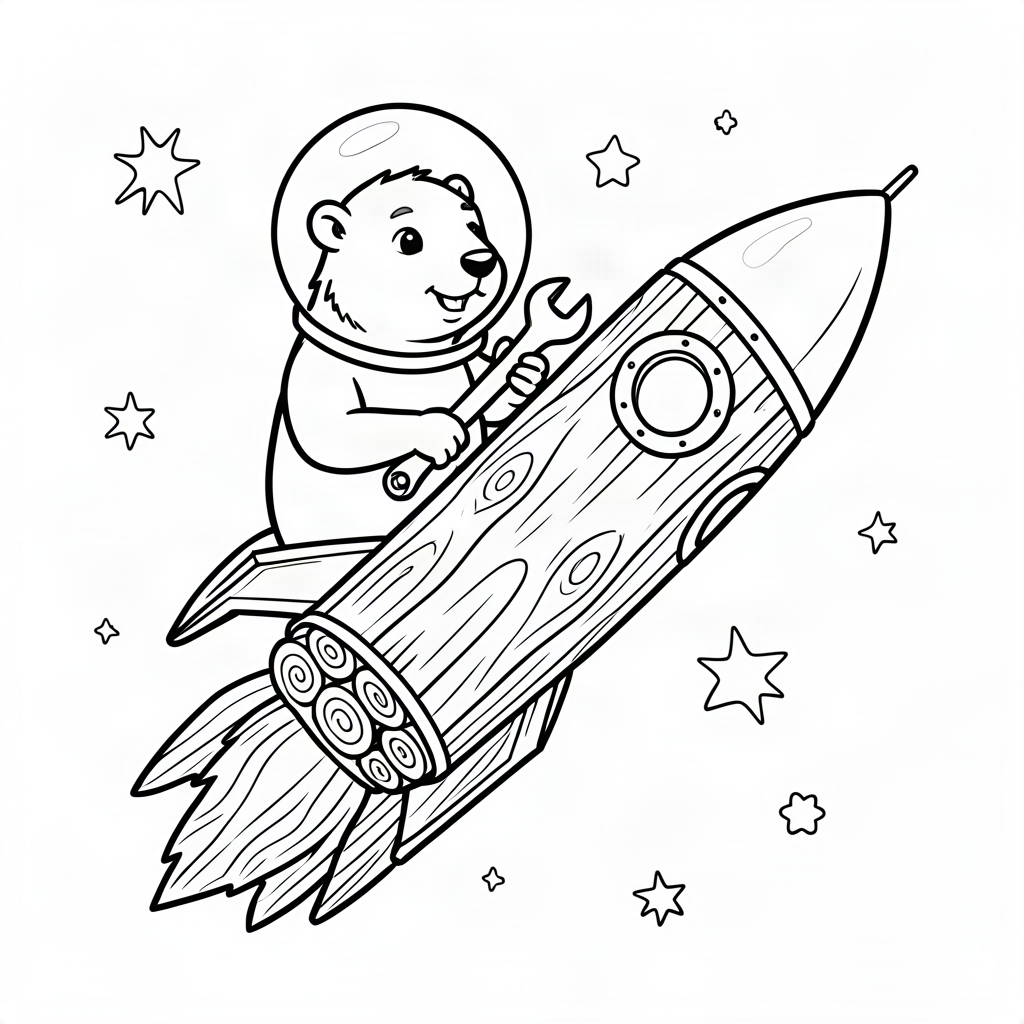 Castor astronaut pe o rachetă de lemn