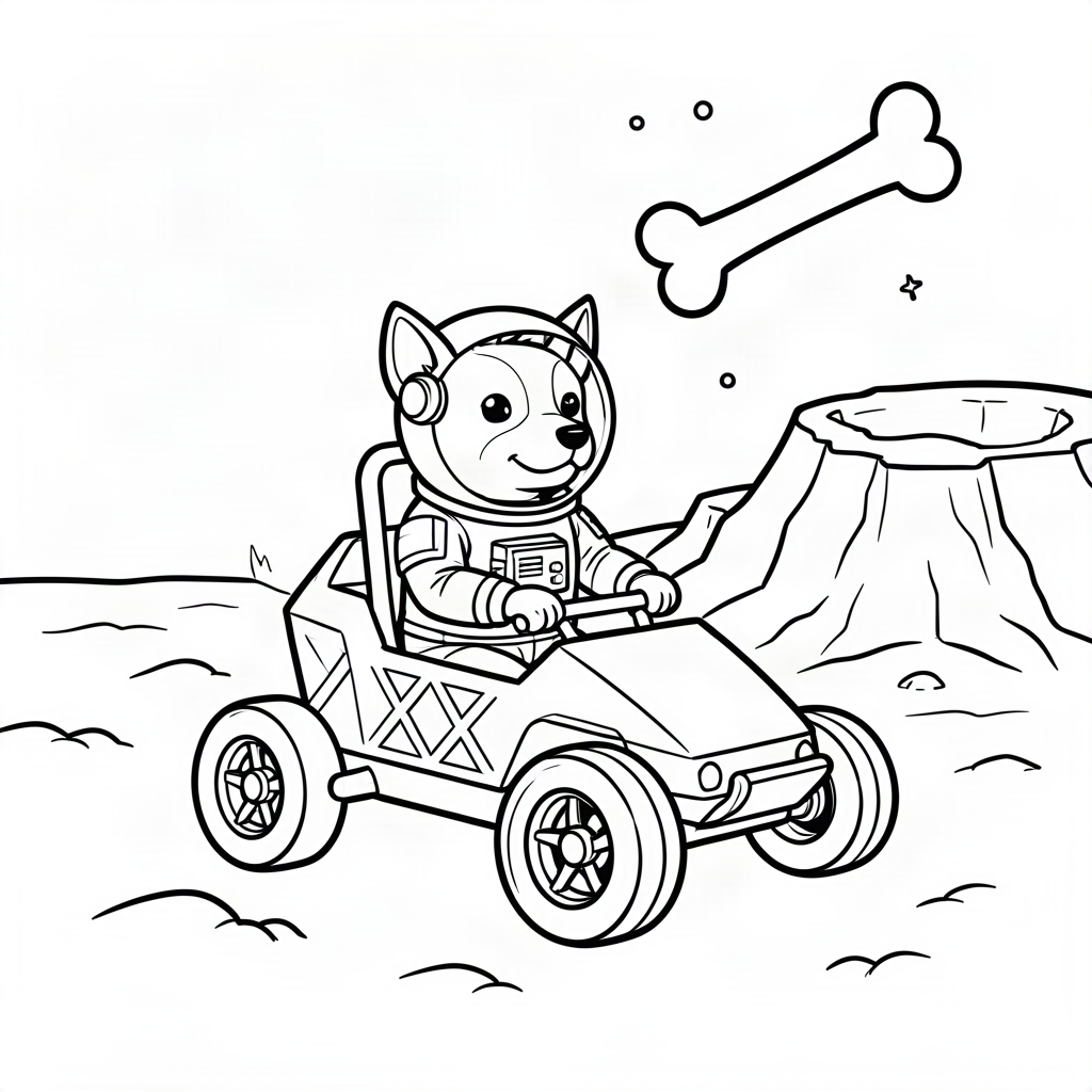 Cățel astronaut pe rover lunar