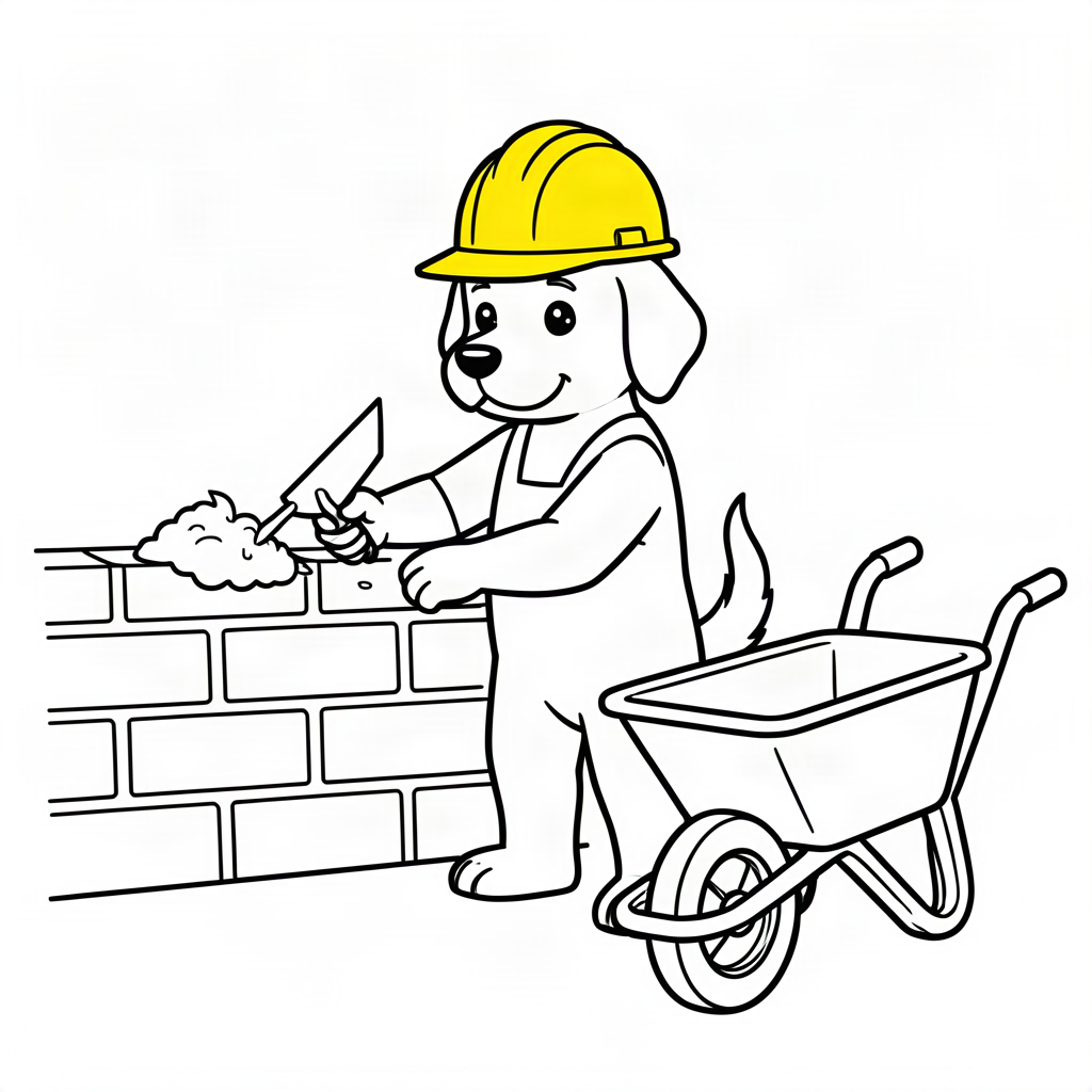 Cățel constructor lucrând cu ciment