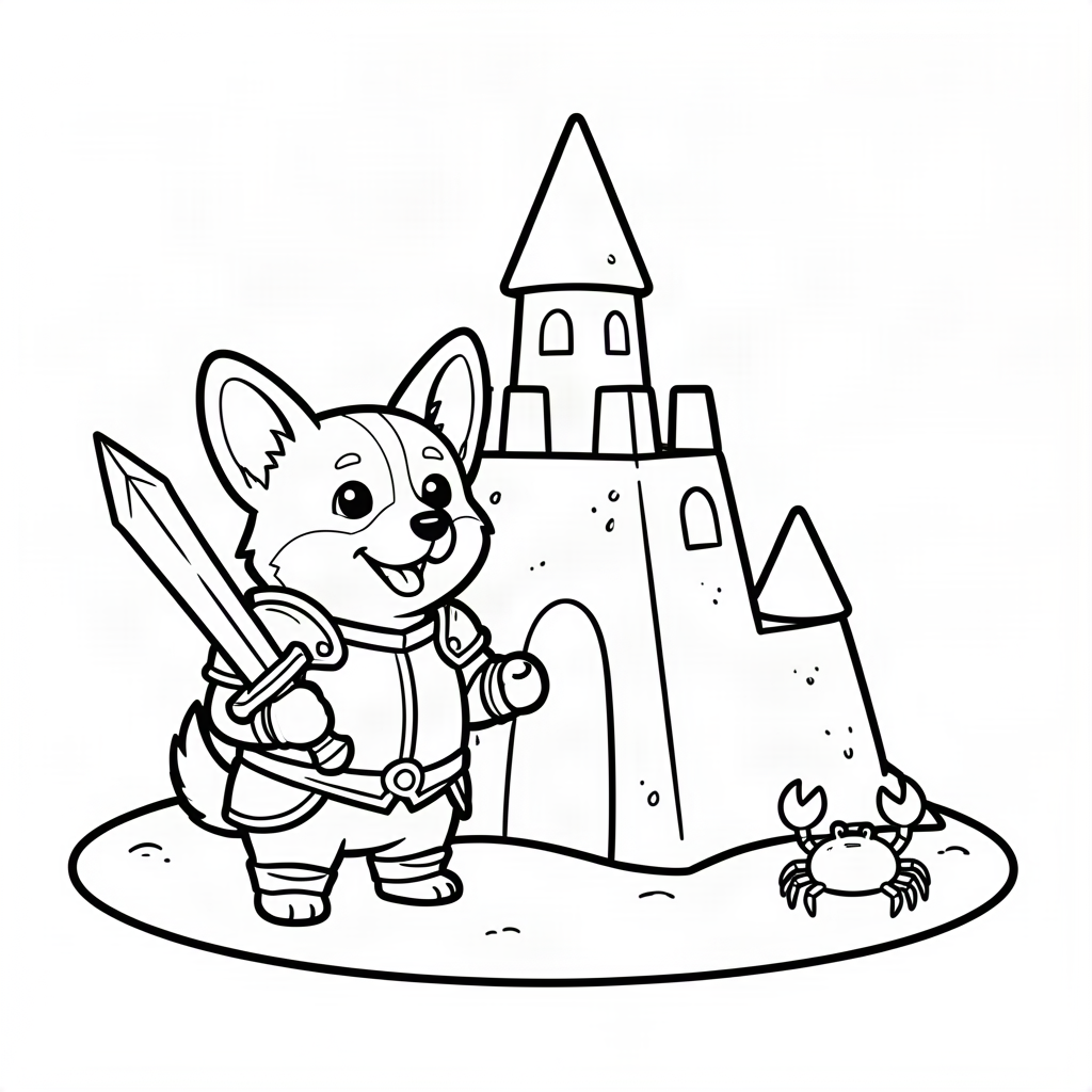 Corgi cavaler păzind un castel de nisip