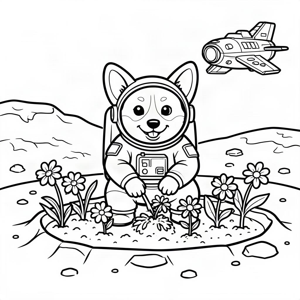 Corgi cosmonaut plantând flori pe Marte