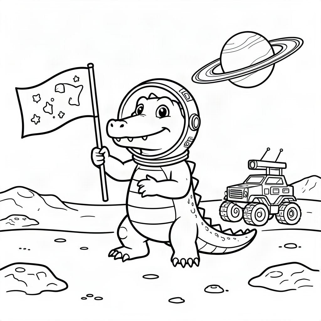 Crocodil astronaut explorând o planetă