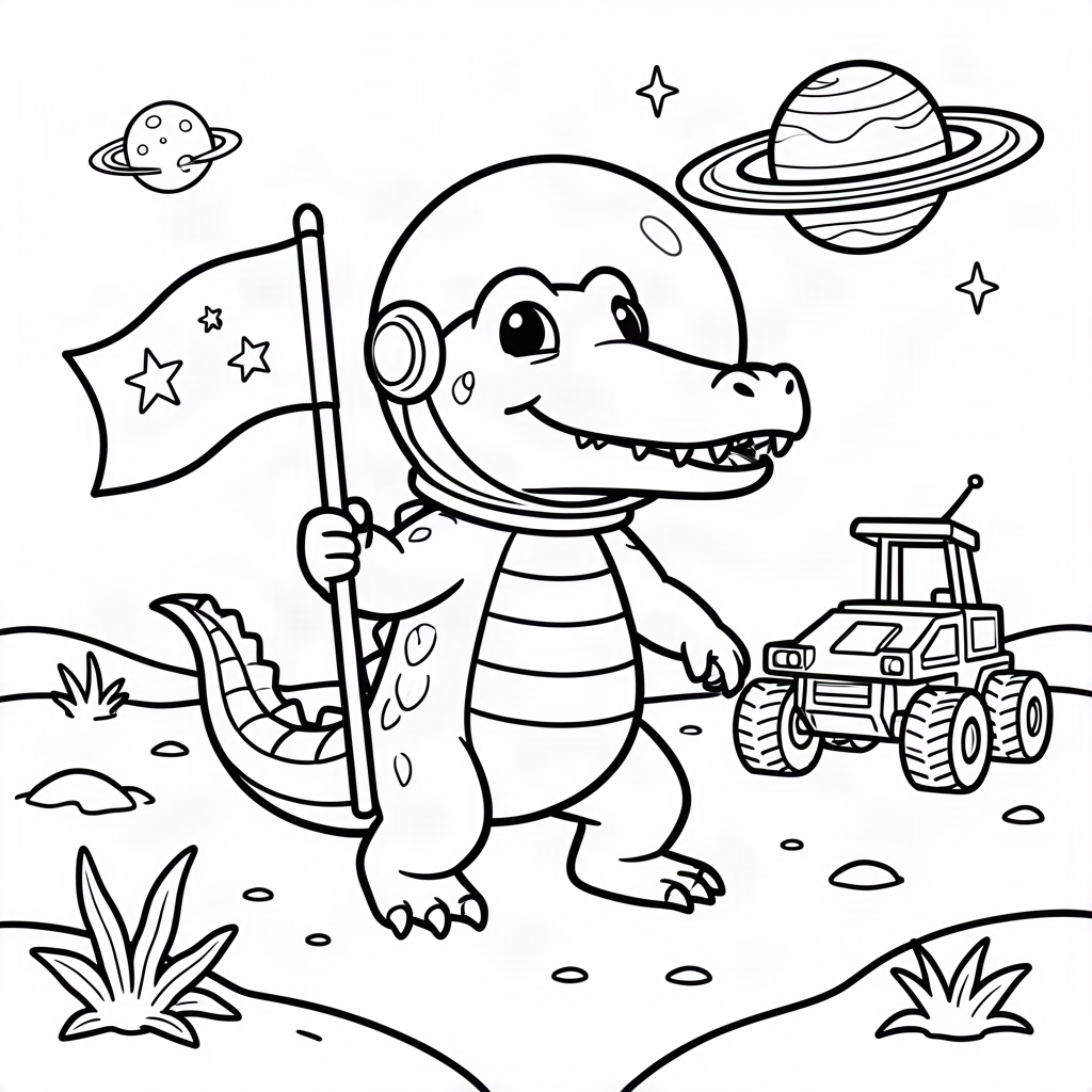 Crocodil astronaut explorând o planetă