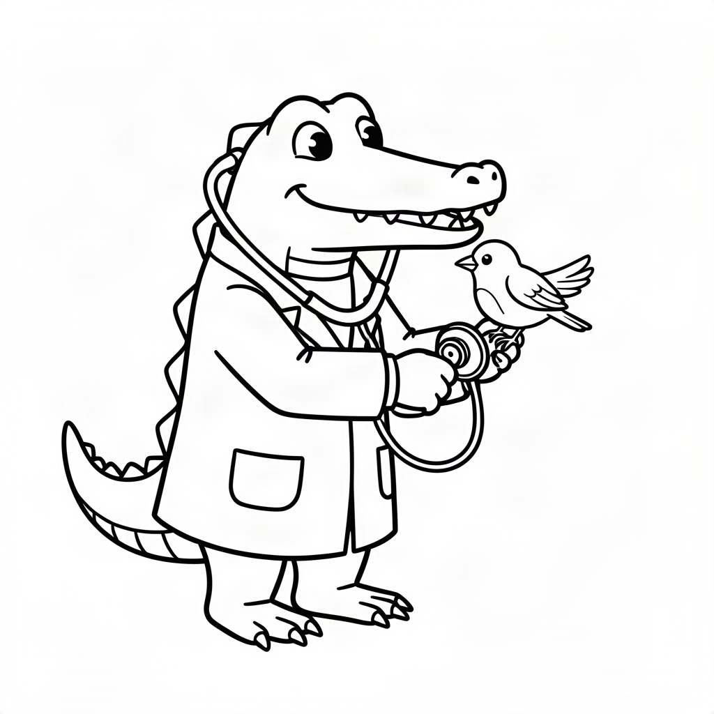 Crocodil doctor ascultând inima unei păsări