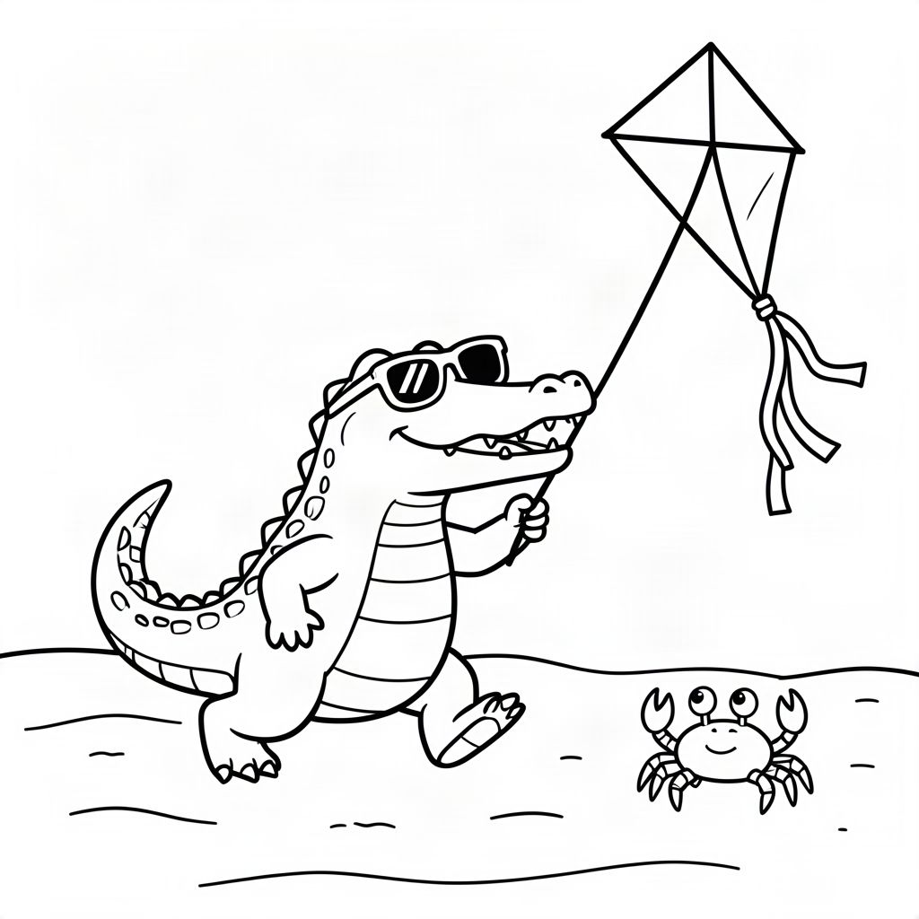 Crocodil înălțând un zmeu la plajă