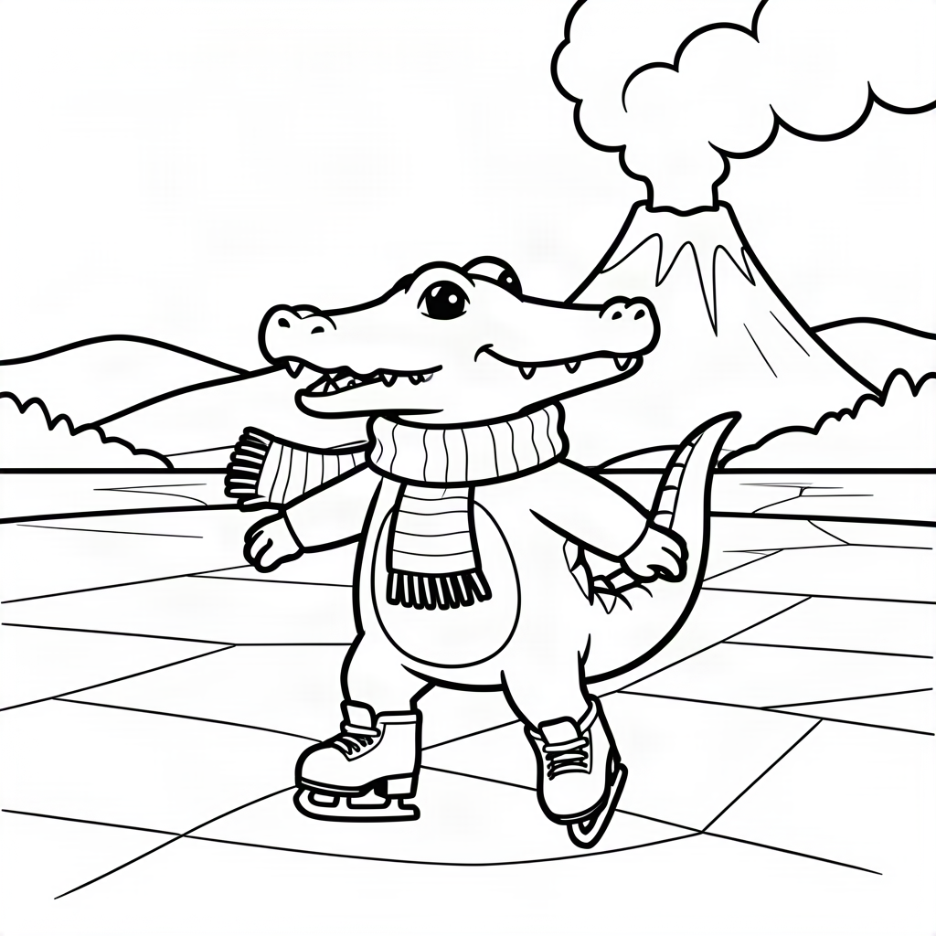 Crocodil patinator pe un lac înghețat lângă vulcan