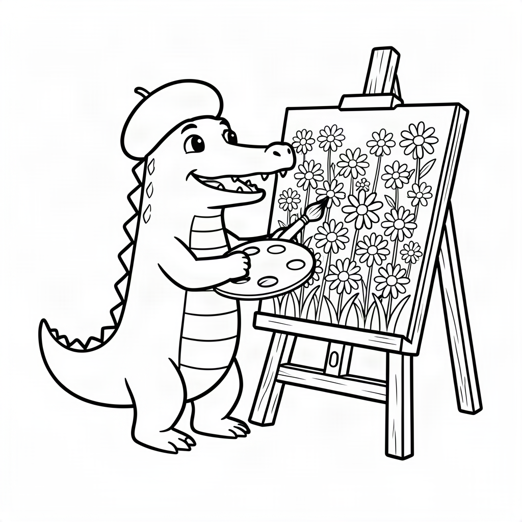 Crocodil pictor pictând un câmp de flori