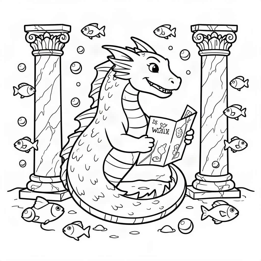Dragon de apă citind o hartă subacvatică
