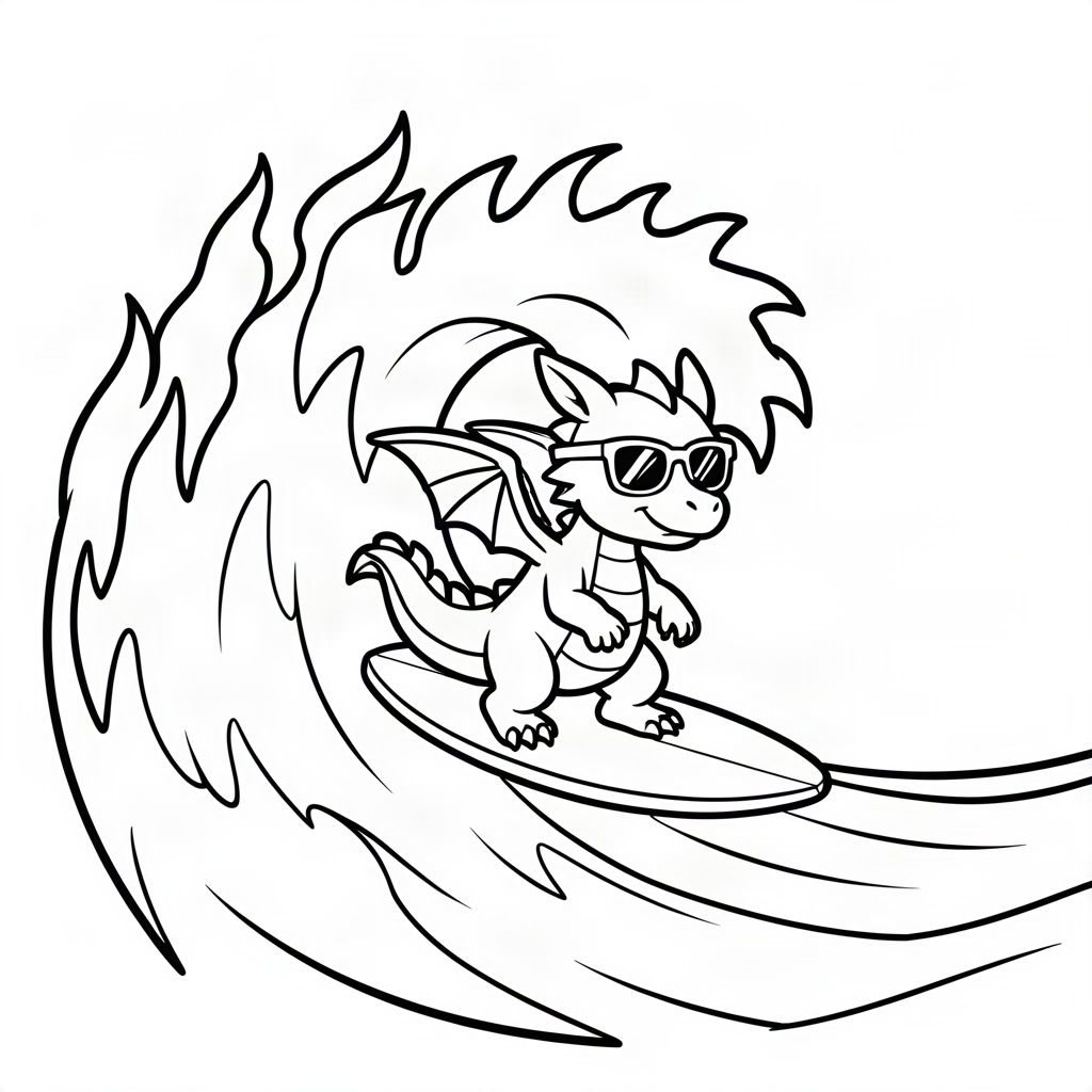 Dragon făcând surf pe valuri de foc