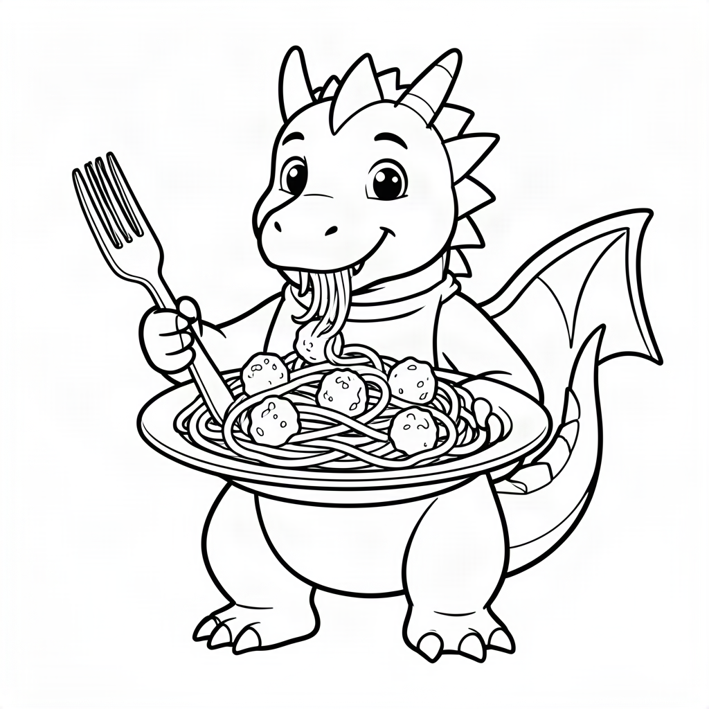 Dragon mâncând spaghete cu o furculiță uriașă