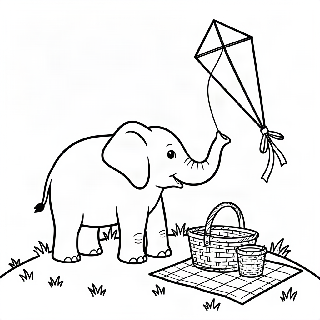 Elefant înălțând un zmeu la picnic