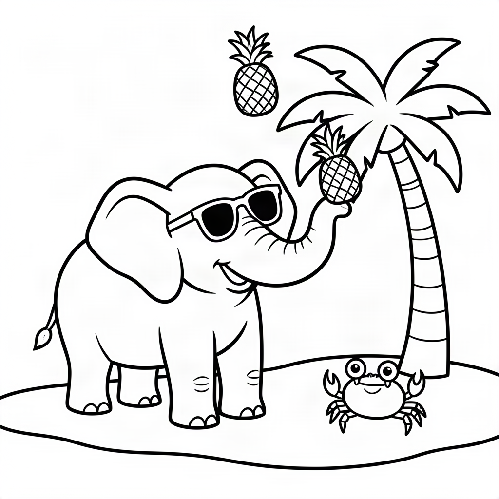 Elefant jonglând cu ananași pe plajă