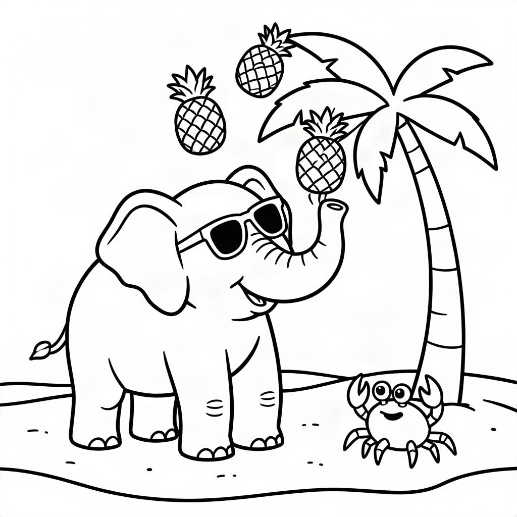Elefant jonglând cu ananași pe plajă
