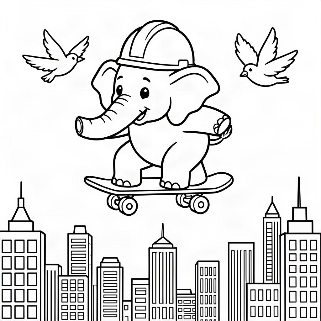 Elefant pe skateboard zburând peste oraș