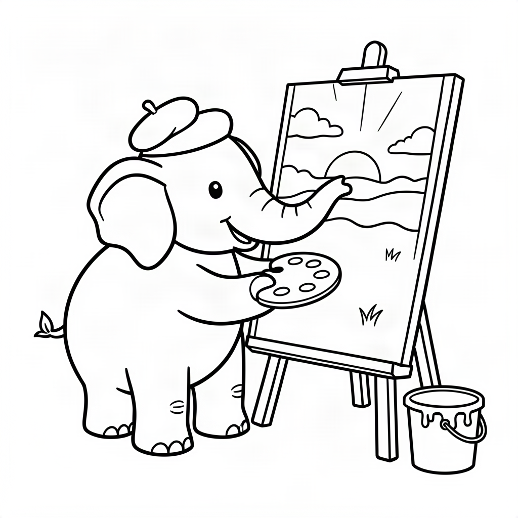 Elefant pictor pictând un apus