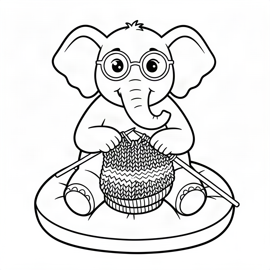 Elefant tricotând un pulover uriaș