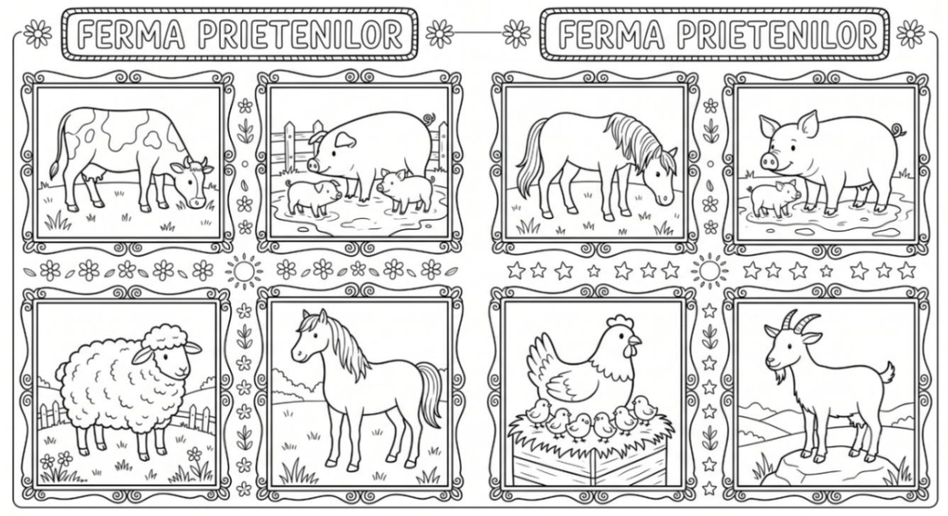 Fermă Prietenilor – Animale Drăgălașe în Chenare de Colorat