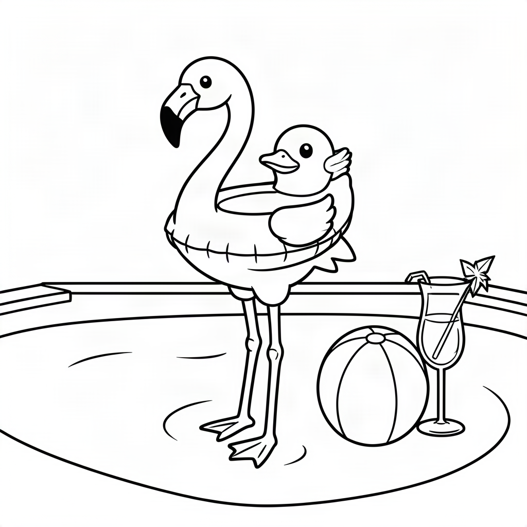 Flamingo în colac rață la piscină