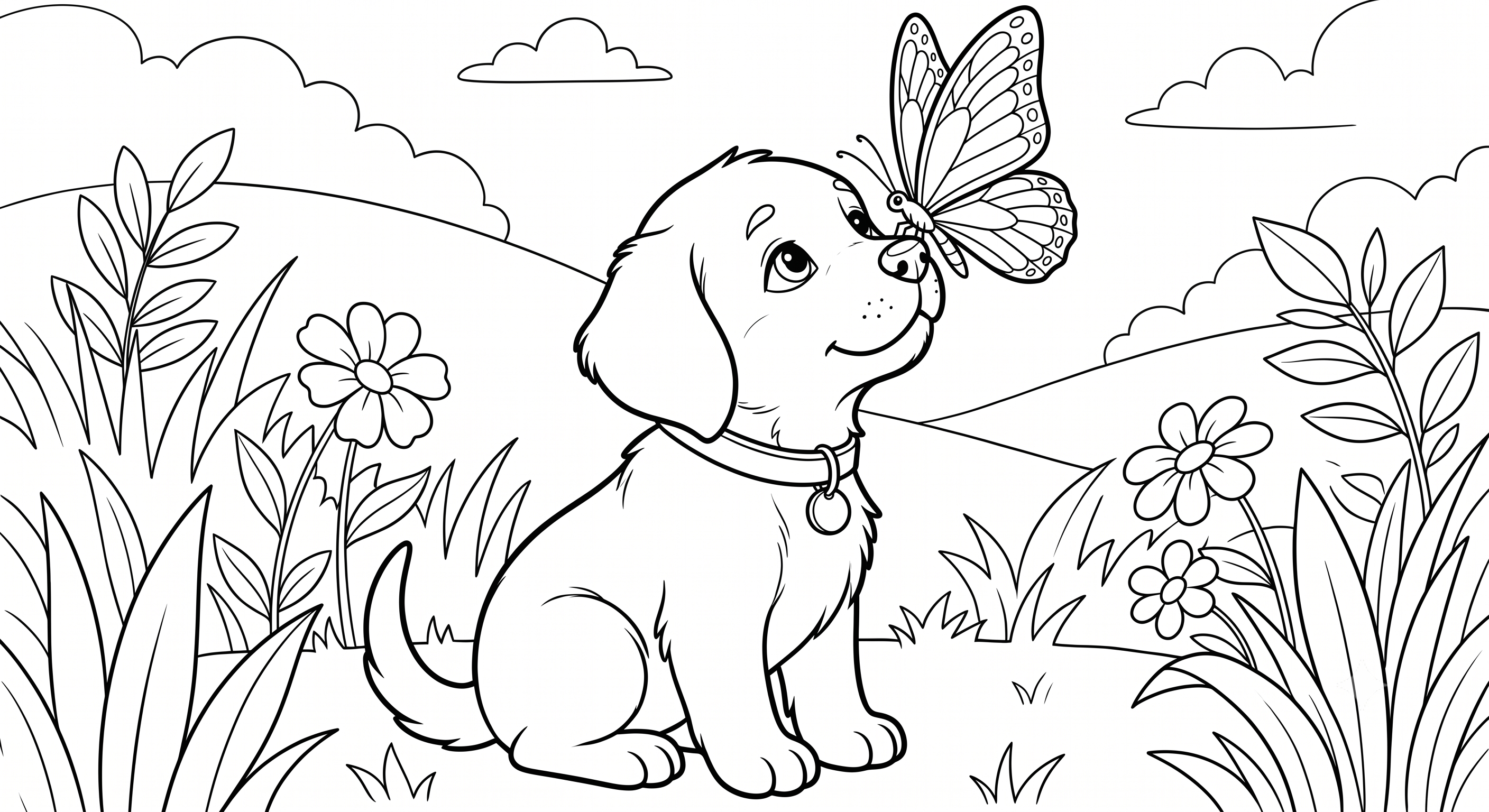 Fluture pe Nasul Cățelului - Pagina de Colorat Adorabilă