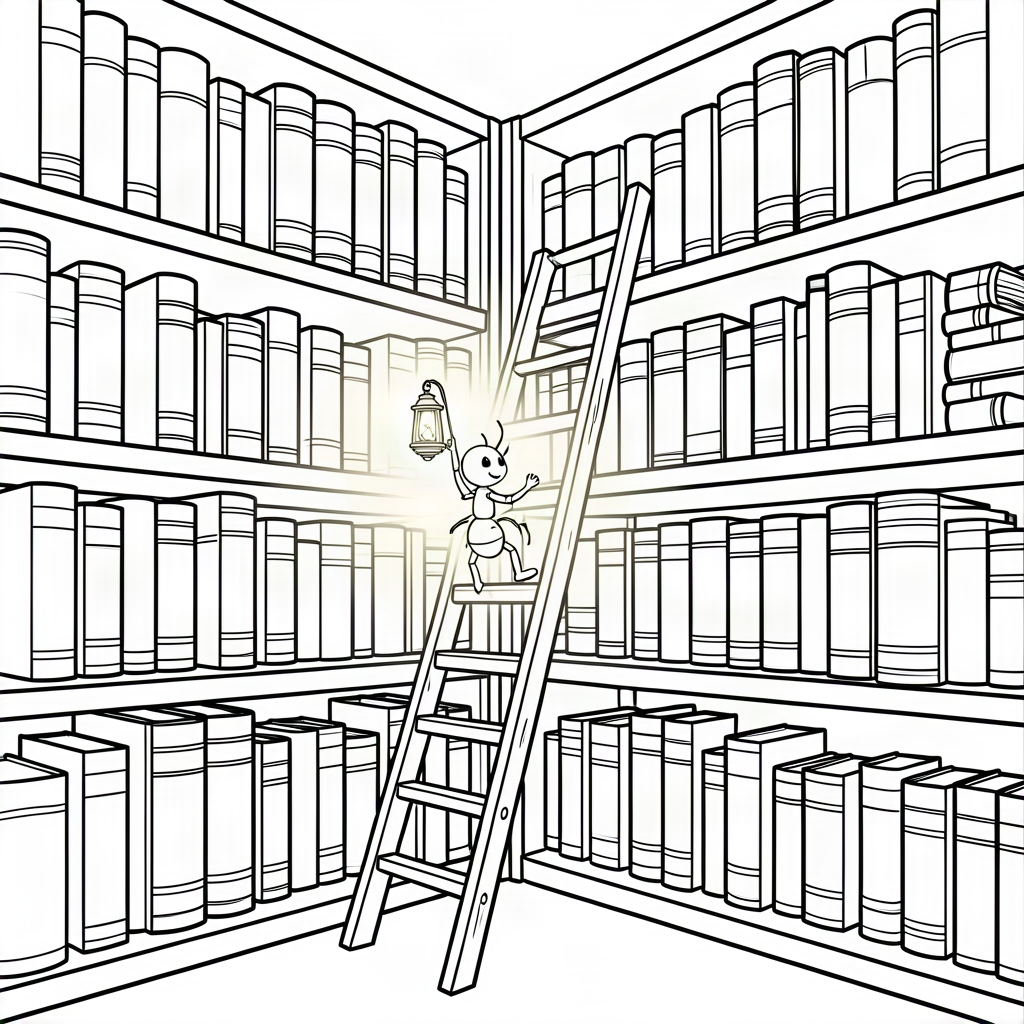 Furnică explorând o bibliotecă uriașă