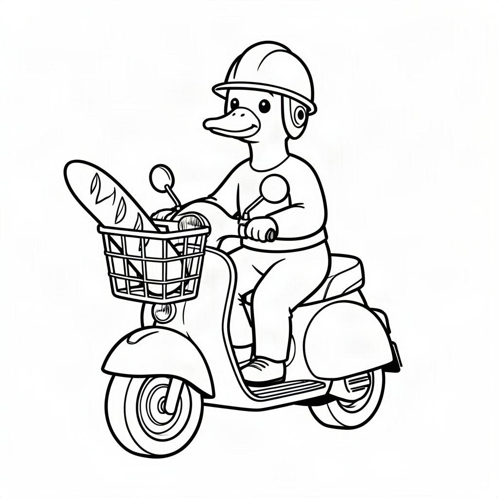 Gâscă pe scuter ducând o baghetă