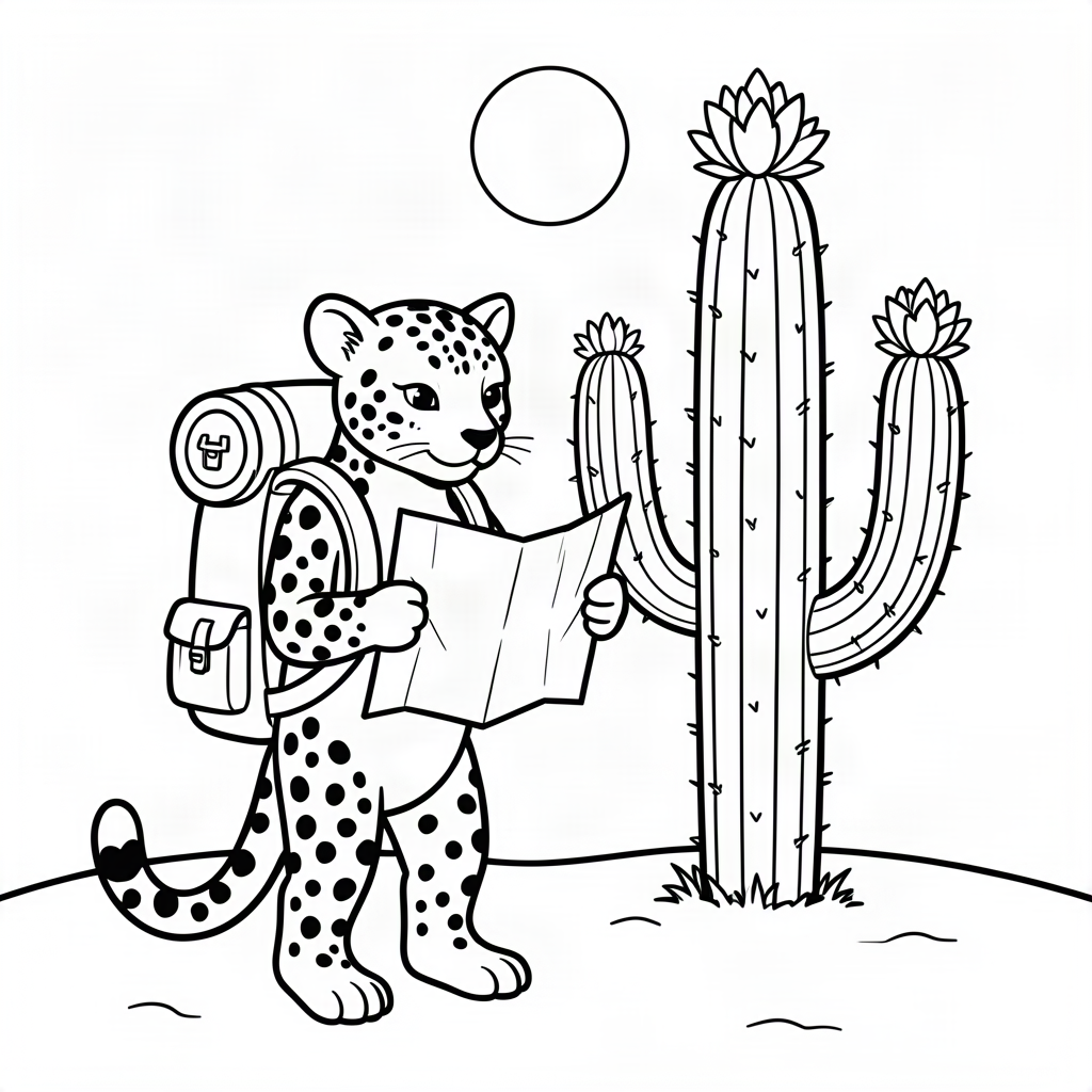 Ghepard citind o hartă în deșertul cu cactuși