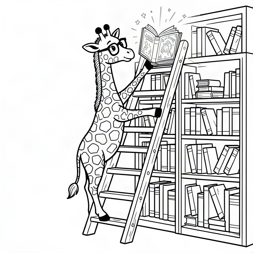 Girafă bibliotecar pe scara înaltă
