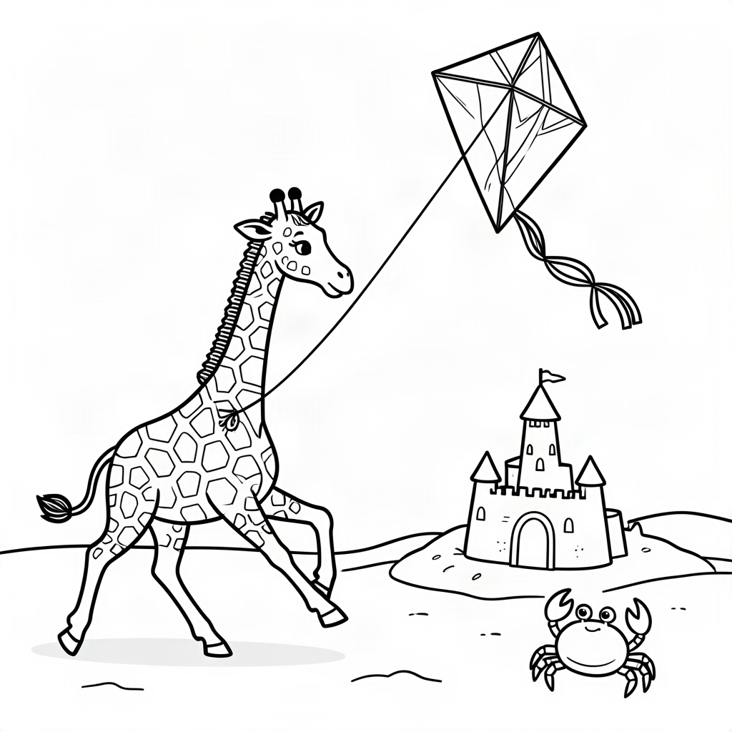Girafă cu un zmeu pe plajă