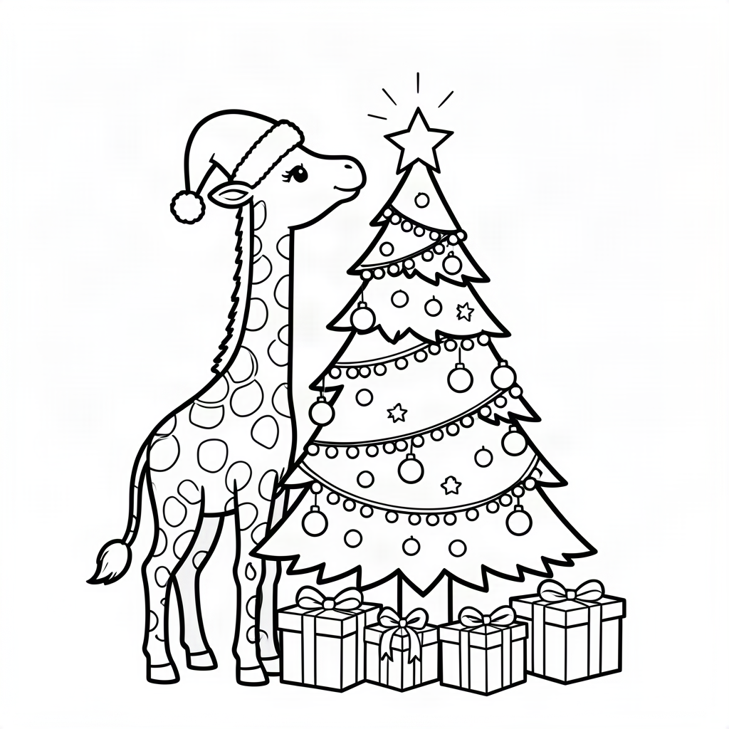 Girafă împodobind bradul de Crăciun