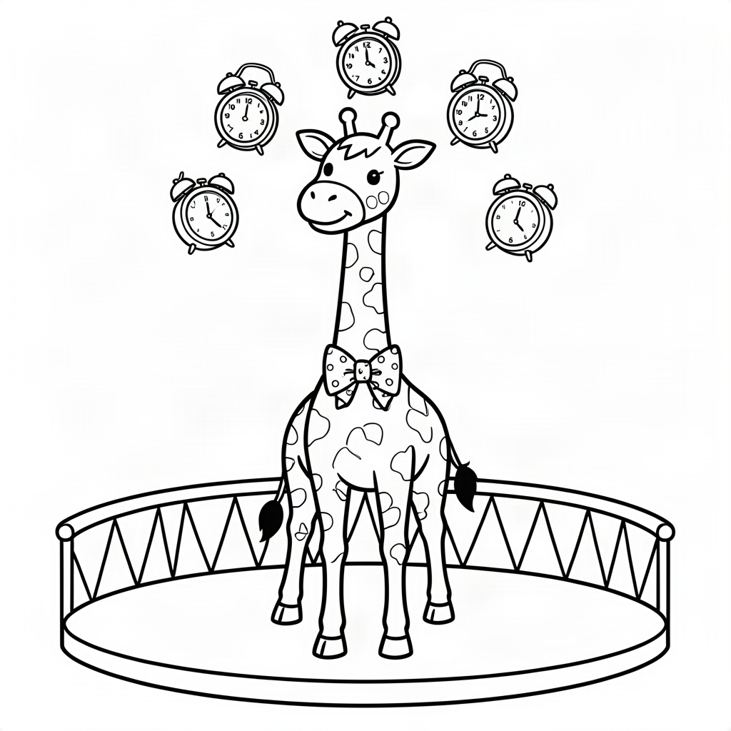 Girafă jonglând cu ceasuri deșteptătoare