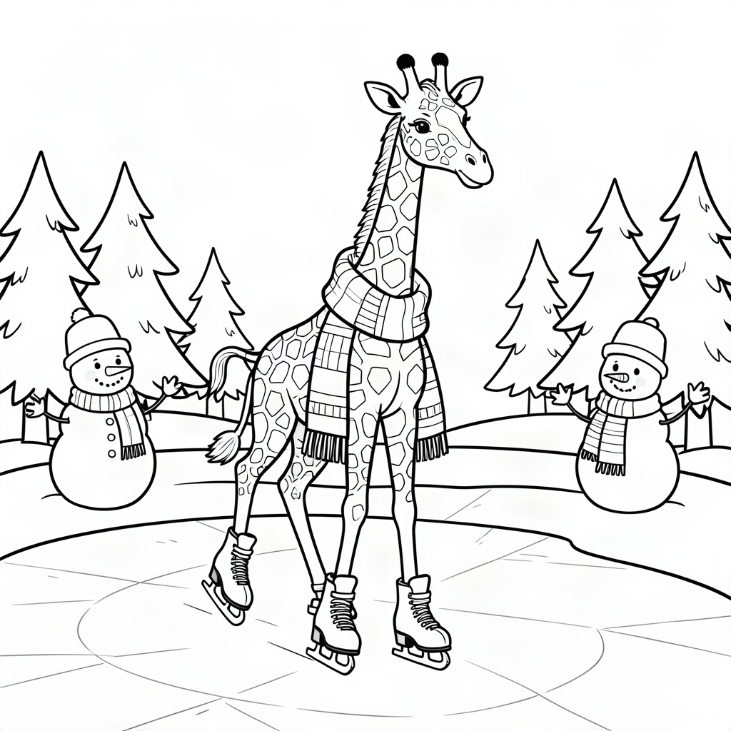 Girafă patinând pe un lac înghețat