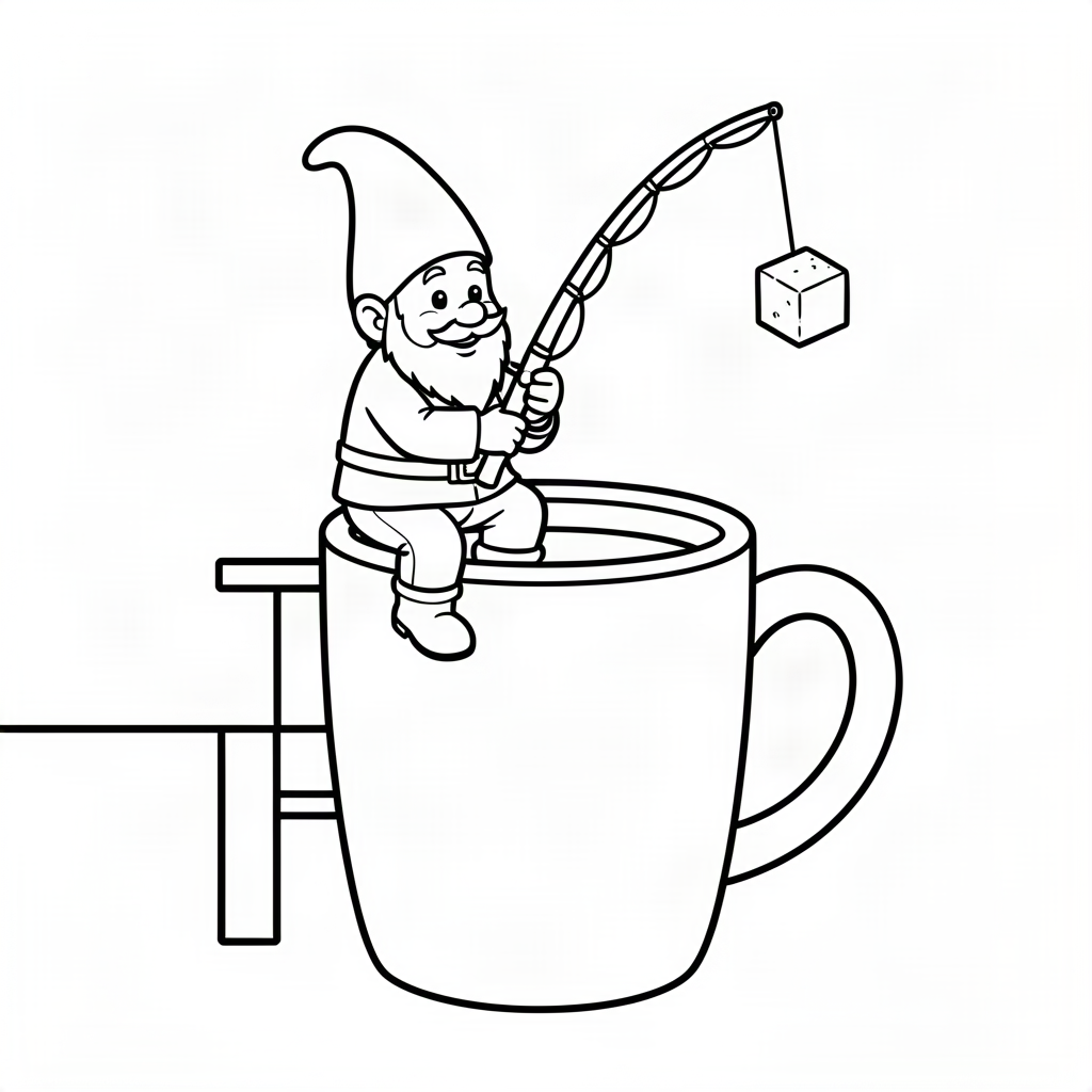 Gnom de grădină pescuind într-o cană de cafea