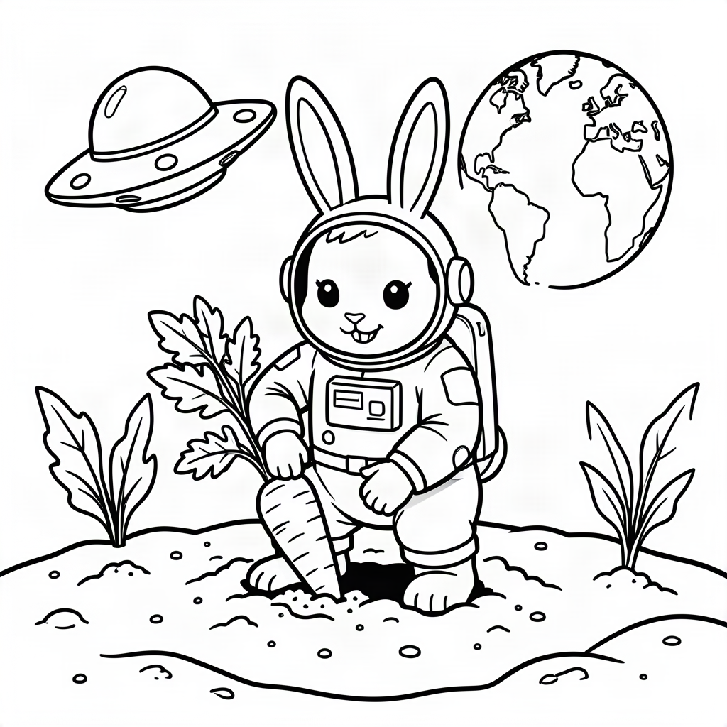 Iepure cosmonaut plantând morcovi