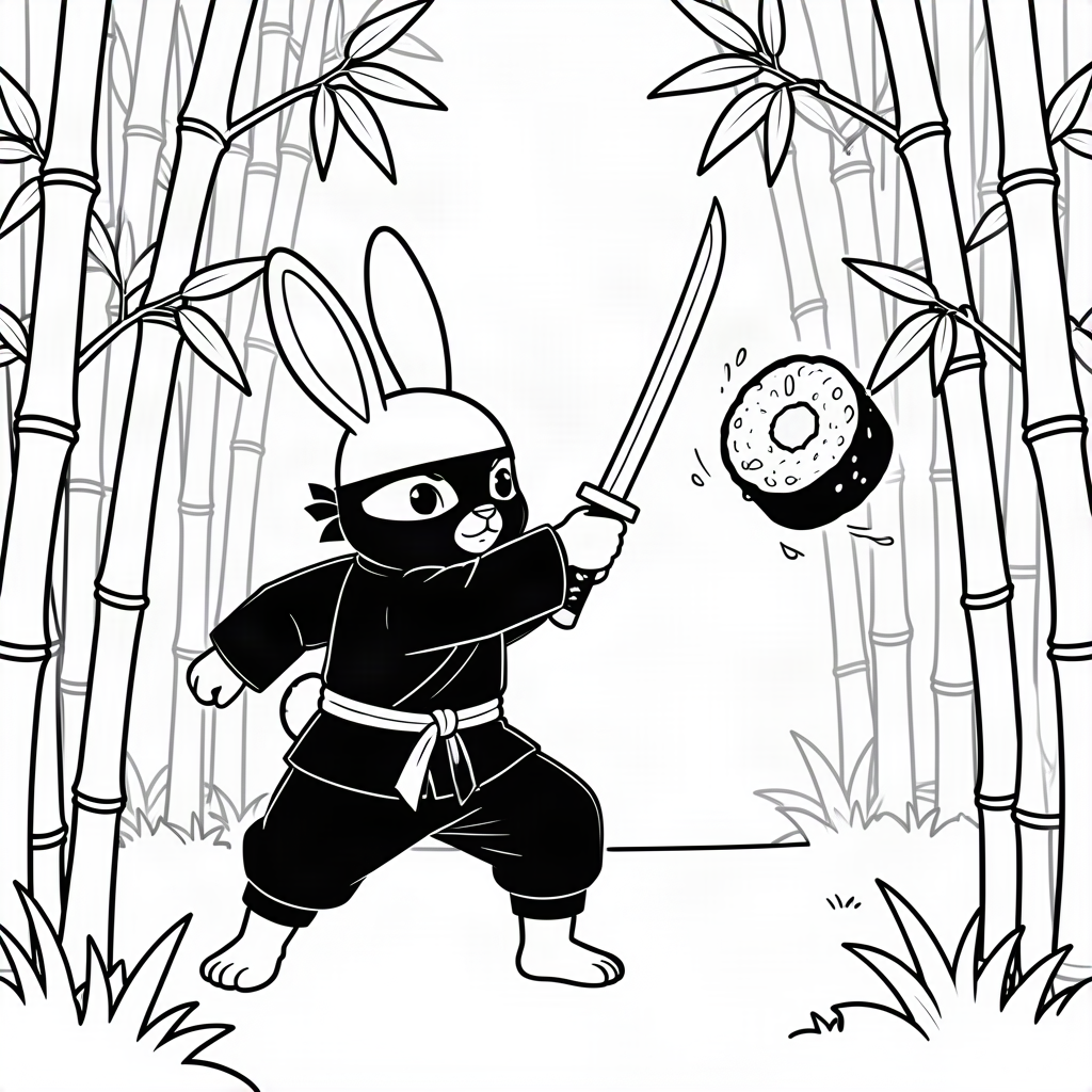 Iepure ninja feliind sushi cu o sabie