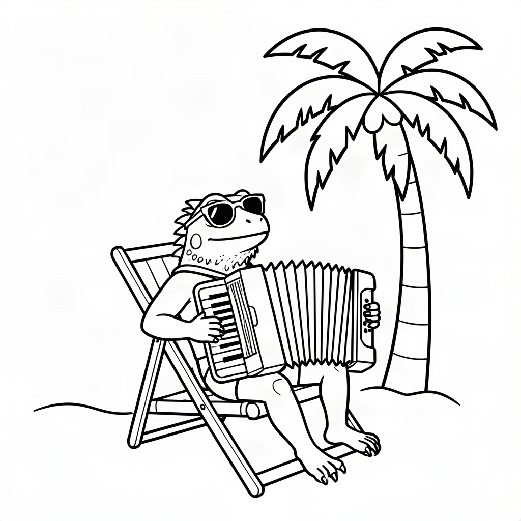Iguană cântând la acordeon pe plajă