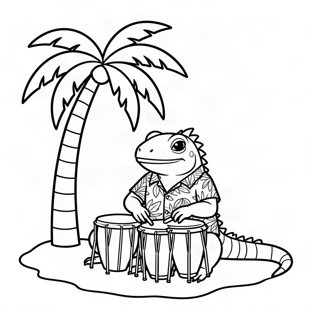 Iguană cântând la bongo sub palmier