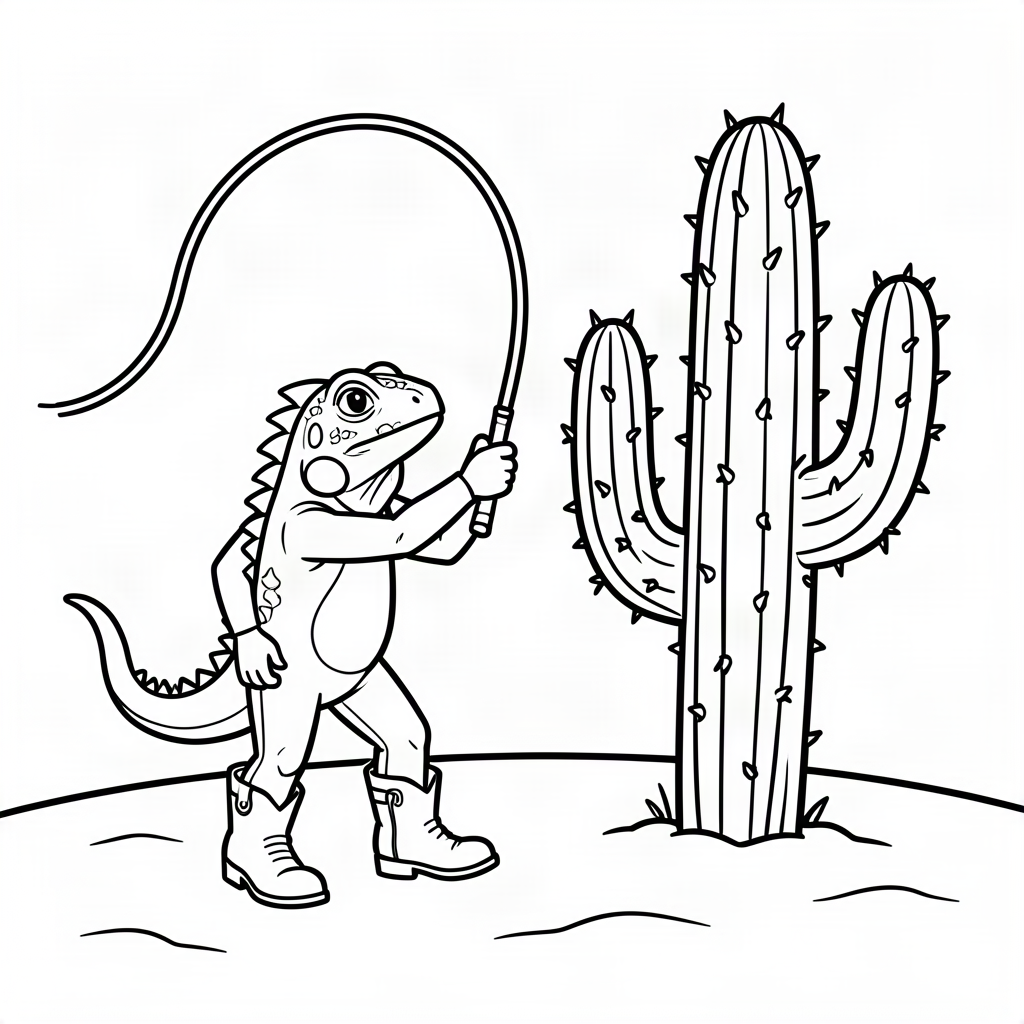 Iguană cowboy prinzând un cactus