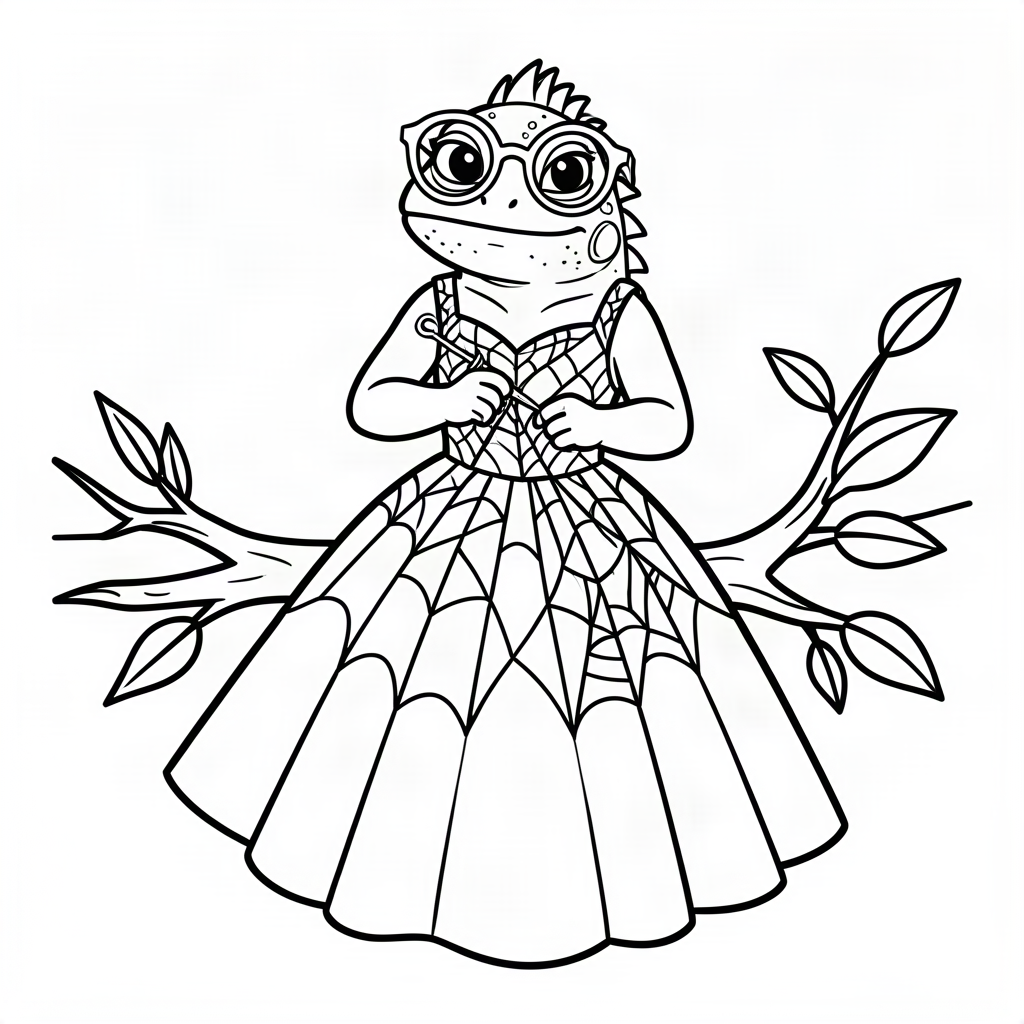 Iguană croitor cosând pânze de păianjen