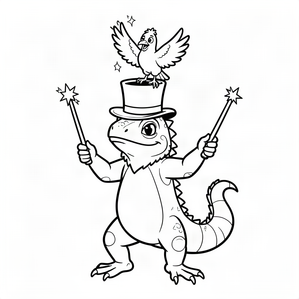 Iguană magician scoțând un porumbel din pălărie